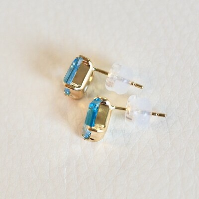 K18YG ブルートパーズ 一粒石 ピアス スクエアカット 6mm 保証書付 SIA-3233
