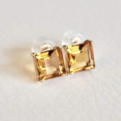 K18YG シトリン 一粒石 ピアス スクエアカット 6mm 保証書付 SIA-3282
