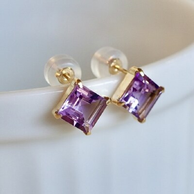 K18YG アメシスト 一粒石 ピアス スクエアカット 6mm 保証書付 SIA-3321