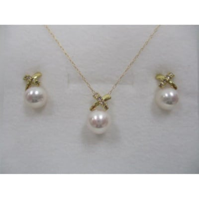 K18YG　あこや真珠(7.5-8mm)ダイヤモンド付ペンダント ピアスセット(26)