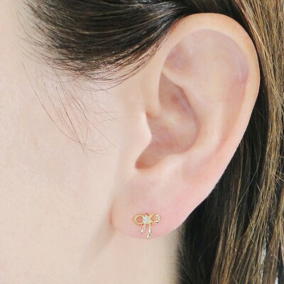 K18YG ダイヤモンド リボンモチーフピアス(Fpe003)