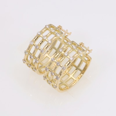 日本人気超絶の K18YG 透かし模様 ダイヤモンドフープピアス(0.42ct) EJ-107 アクセサリー