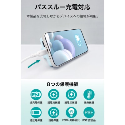 モバイルバッテリー 5000mAh MagSafe対応 ワイヤレス充電器【ホワイト】