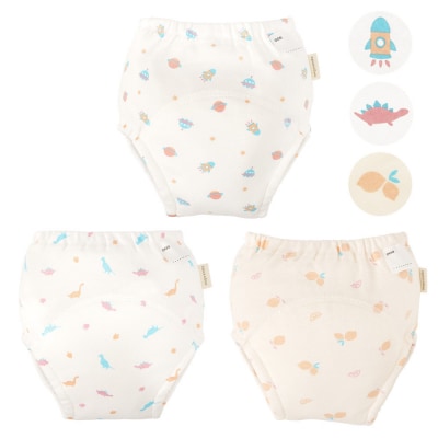 90サイズ「おねむうパンツ」4重トレーニングパンツ3枚セットB(スペース、ザウルス、レモン)