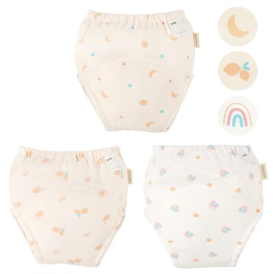 100サイズ「おねむうパンツ」4重トレーニングパンツ3枚セットC(ムーンスター、レモン、虹)