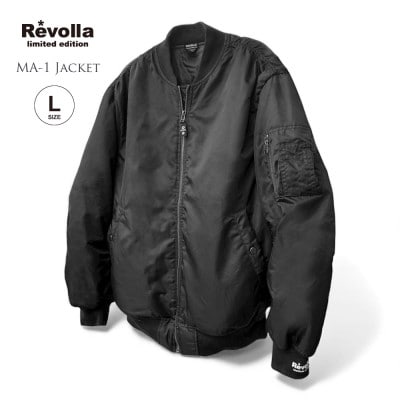 【ブラック・L】Revolla 中綿入り袖リブプリントMA-1ジャケット