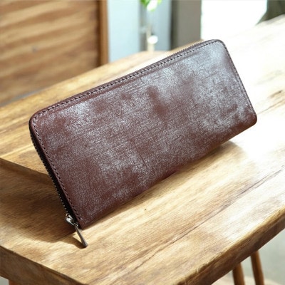 【堅牢さと美しい光沢】ブライドルレザー ラウンドジップロングウォレット 日本製【ブラウン】