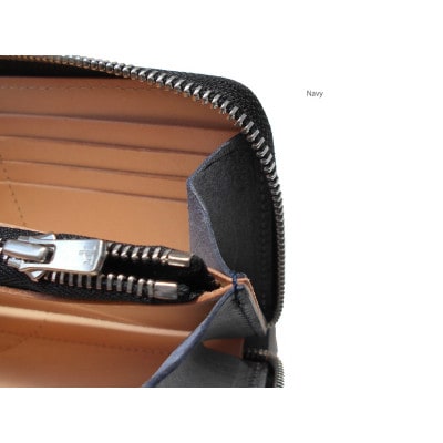 【堅牢さと美しい光沢】ブライドルレザー ラウンドジップロングウォレット 日本製【ネイビー】