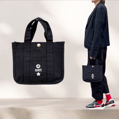 水筒が倒れない仕切り帆布ミニトートバッグ 【ブラック】