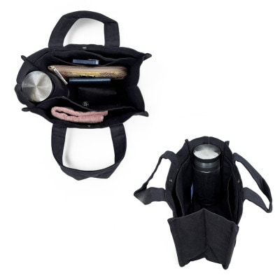 水筒が倒れない仕切り帆布ミニトートバッグ 【ブラック】