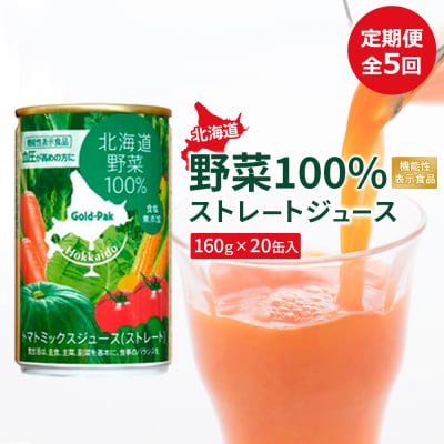 『定期便:全5回』北海道野菜100% ストレートジュース160g×20缶入【06001402】