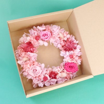 プリザーブドフラワー　バラとアジサイのリースS(ピンク)【14001701】