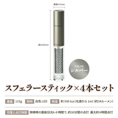 【世界初の全方位受光ソーラー】スフェラースティック(カラー:シルバー)×4本セット【080021】