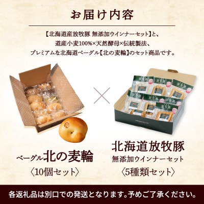 「北海道産放牧豚 無添加ウインナーセット」とトモヱベーグル「北の麦輪」10個セット【C99029】