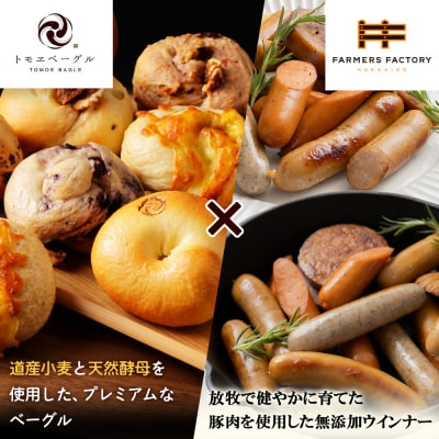 「北海道産放牧豚 無添加ウインナーセット」とトモヱベーグル「北の麦輪」18個セット【C99030】