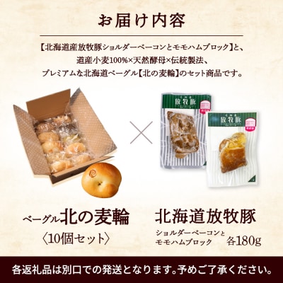 「北海道放牧豚ショルダーベーコンとモモハムブロック」とベーグル「北の麦輪」セット【C99031】