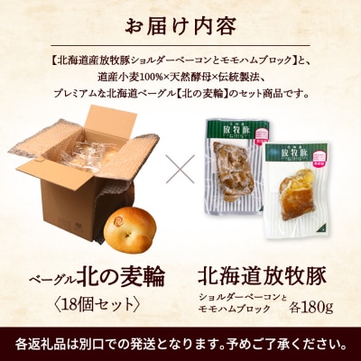 「北海道放牧豚ショルダーベーコンとモモハムブロック」とベーグル「北の麦輪」セット【C99032】