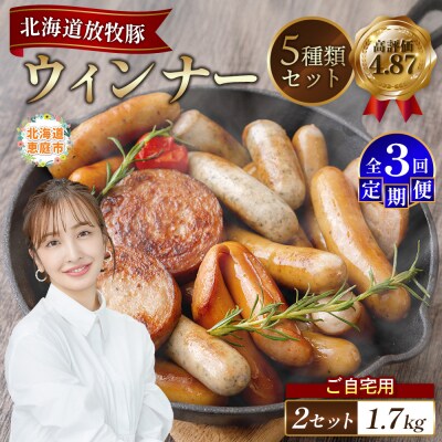 【定期便:3回】【ご自宅用】北海道産放牧豚 無添加ウインナーセット ×2セット【12003201】