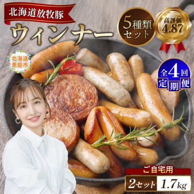 【定期便:4回】【ご自宅用】北海道産放牧豚 無添加ウインナーセット ×2セット【12003301】