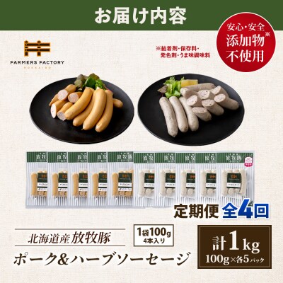 【定期便:4回】北海道産放牧豚 無添加ポークウインナー・ハーブソーセージ ×各5【12006301】