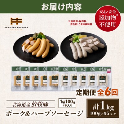 【定期便:6回】北海道産放牧豚 無添加ポークウインナー・ハーブソーセージ ×各5【12006501】