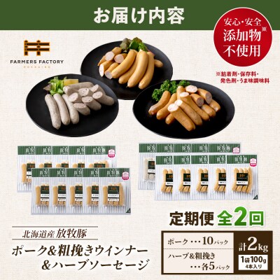 【定期便2回】北海道産放牧豚無添加ポークウインナー&粗挽・ハーブソーセージ【12009601】
