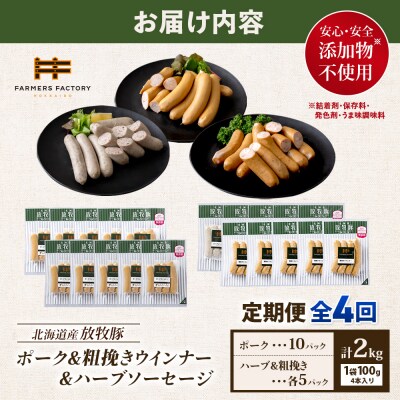 【定期便4回】北海道産放牧豚無添加ポークウインナー&粗挽・ハーブソーセージ【12009801】
