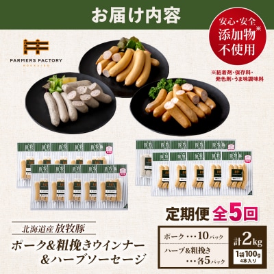 【定期便5回】北海道産放牧豚 無添加ポークウインナー&粗挽・ハーブソーセージ【12009901】