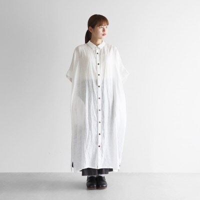 シャトルリネンライトショートスリーブロングシャツ(白)
