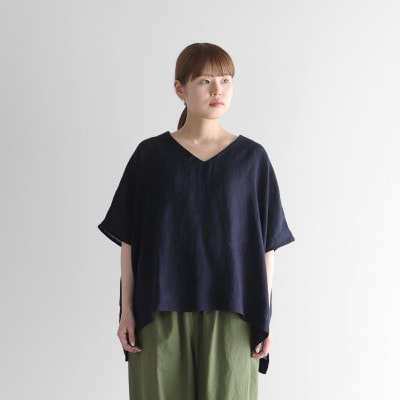 HUIS遠州織物シャトルリネンライトVネック半袖プルオーバー(ダークネイビー)