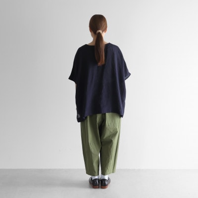 HUIS遠州織物シャトルリネンライトVネック半袖プルオーバー(ダークネイビー)