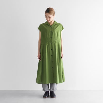HUIS遠州織物ゆるふわコットンオープンカラーフレンチスリーブワンピース(グラスグリーン)