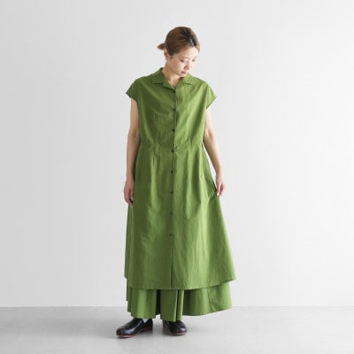 HUIS遠州織物ゆるふわコットンオープンカラーフレンチスリーブワンピース(グラスグリーン)