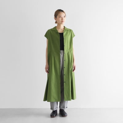 HUIS遠州織物ゆるふわコットンオープンカラーフレンチスリーブワンピース(グラスグリーン)