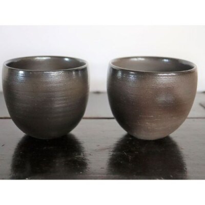 あんじ窯 陶 井口の黒陶丸碗ペア 口径9cm 高さ8cm 1セット