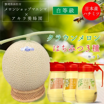 クラウンメロン並【白等級】中玉+アラキ養蜂園の国産はちみつ【アカシア+ミカン+野の花】300g×各1