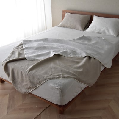 日本製 フレンチリネン100% ブランケット Lino ダブル ホワイト×ベージュ