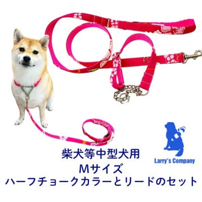 中型犬用 Mサイズ　ハーフチョークカラーとリードのセット 【トロピカルピンク】