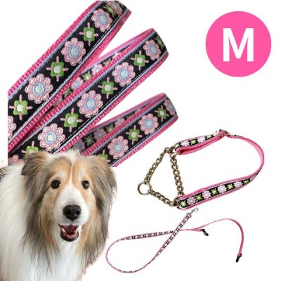 中型犬用 Mサイズ　ハーフチョークカラーとリードのセット 【ノスタルジックピンクフラワー】