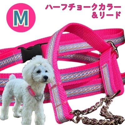 中型犬用 Mサイズ　ハーフチョークカラーとリードのセット 【シルバーライン&ピンク】
