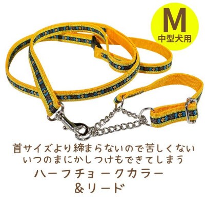 中型犬用 Mサイズ　ハーフチョークカラーとショートハンドル付きリードのセット 【イエローフラワー】