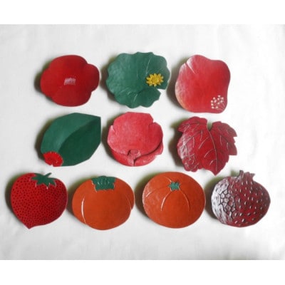 【漆器】花柄の豆皿 5枚と果物の柄の豆皿 5枚　計10枚セット(各直径 約8～11cm)