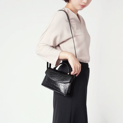 【濱野皮革工藝 HAMANO バッグ】プティ・フォルム クロコDUE(ブラック×ゴールド)