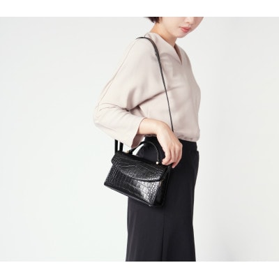 【濱野皮革工藝 HAMANO バッグ】プティ・フォルム クロコDUE(ブラック×ゴールド)