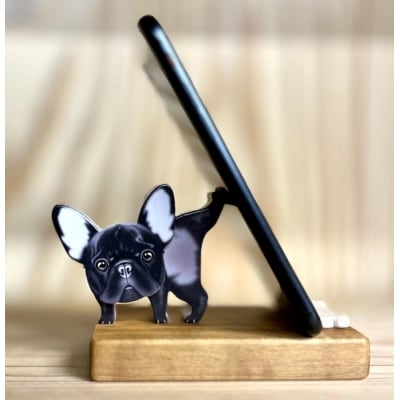 【フレンチブルドッグ】君は放物線を見たか? 犬のスマートフォンスタンド 木工房ゆうむ
