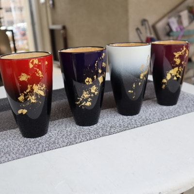 タンブラー 白、青セット　天然木 タモ製 純金箔 軽量 ギフトBOX入り