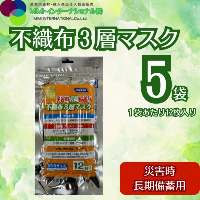 災害時長期備蓄用　不織布3層マスク 12枚入　5袋