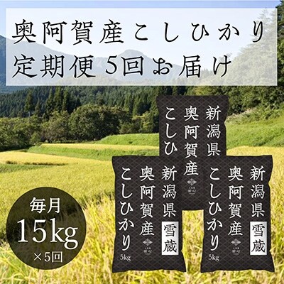 2022年1月発送開始『定期便』新潟県奥阿賀産こしひかり15kg(5kg×3)精米毎月お届け全5回