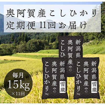 2022年11月発送開始『定期便』新潟県奥阿賀産こしひかり15kg(5k×3)精米毎月お届け全11回