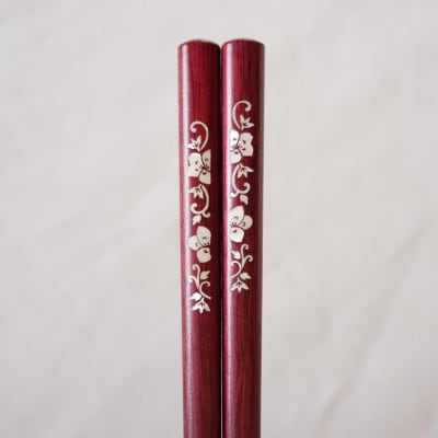 夢工房　貝象嵌箸　「唐花文様(唐花)」　銘木・パープルハート　21.5cm　1膳